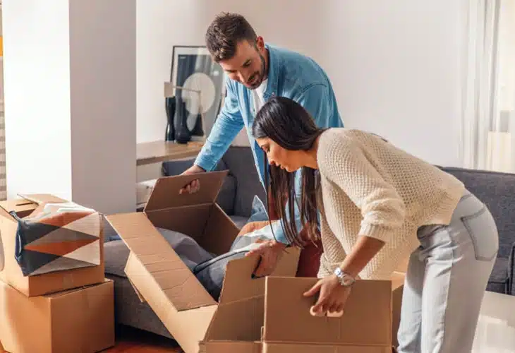 Couple moving boxes and smiling 